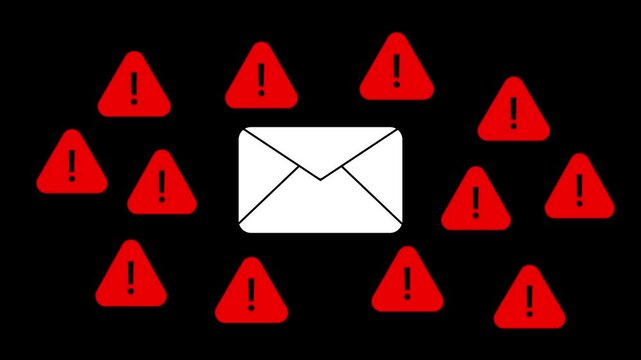 Animation of several red warning symbols surrounding a central white envelope. The alert icons suggest caution or danger.