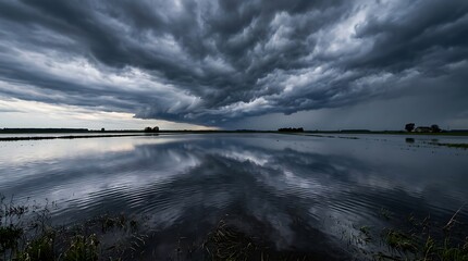 Obraz premium Dark Storm Clouds Over Calm Water Landscape with Reflection in Natural Setting
