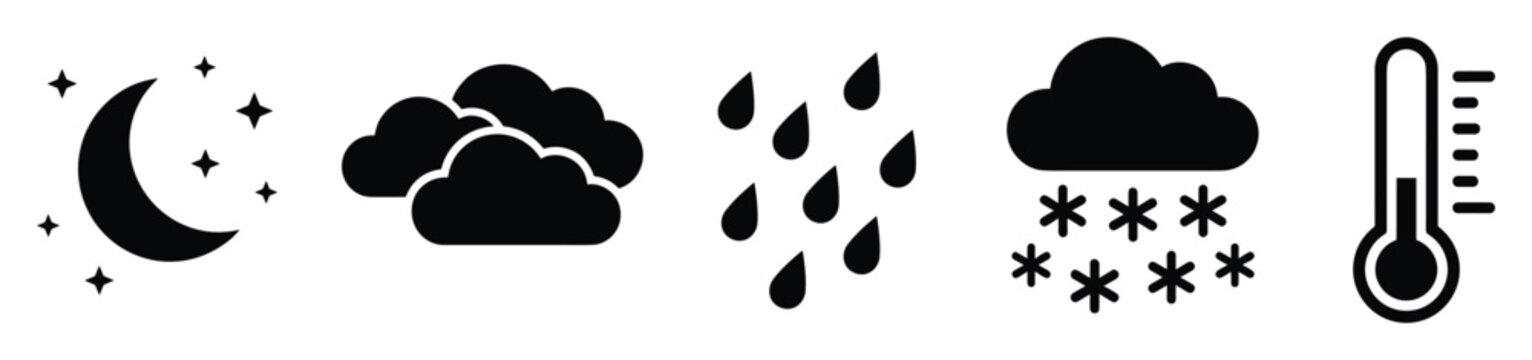 Weather forecast symbols including moon stars clouds rain snowflakes and thermometer for indicating diverse atmospheric conditions and temperature variations useful for digital applications