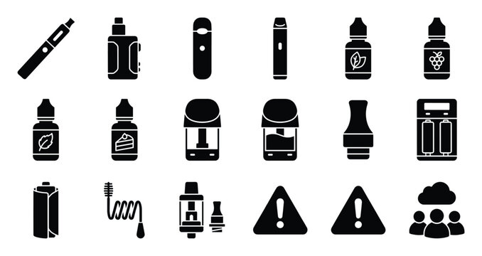 Comprehensive glyph icon set showcasing various vaping devices including pens, mods, eliquid bottles, batteries, and safety warnings for industry materials or health awareness campaigns.