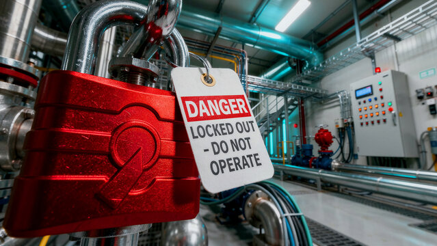 Close-up of a robust, bright red industrial lockout padlock, clearly showing an essential 'Danger Locked Out - Do Not Operate' warning tag, signifying critical equipment isolation, mandatory safety