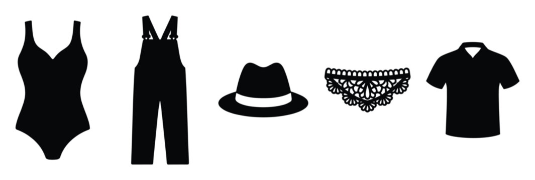 Collection of various clothing and accessories including a swimsuit overalls hat lace underwear and shirt suitable for apparel icons or educational materials