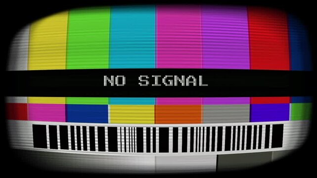 Retro TV screen with classic color bars and 'NO SIGNAL' message indicating broadcast interruption
