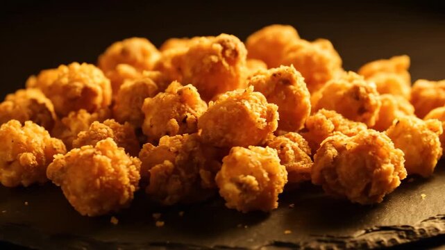 Crispy golden fried chicken popcorn bites close-up on dark slate, delicious snack food texture, slow motion shot