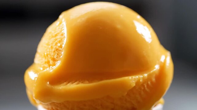 Creamy golden mango ice cream scoop melting close-up with rich texture and glossy finish on dark background
