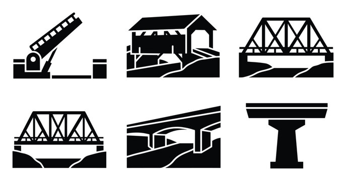 Assortment of various bridge types and construction elements including bascule covered truss and arch bridges depicted as simple black silhouette icons for engineering and architectural
