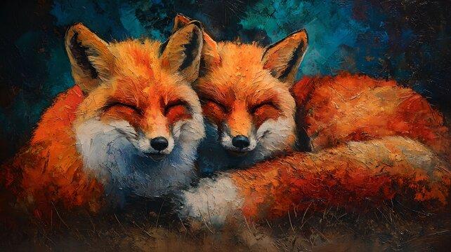 Two loving foxes resting together in artistic illustration