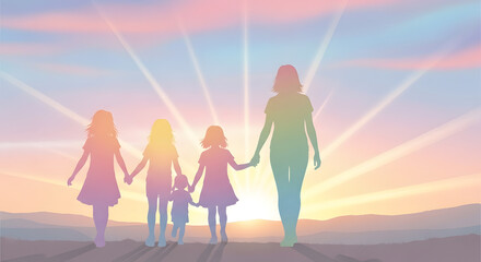 Fototapeta premium A group of silhouettes including a family with a mother, father, and children holding hands while walking on the beach against a sunset sky nature illustration