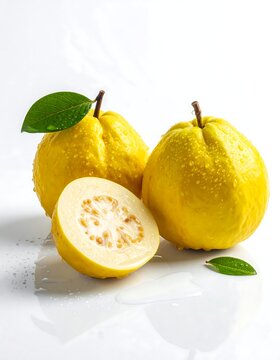 Three ripe, yellow fruits, one halved, with a green leaf on each. Water droplets and reflections add freshness against a stark white background