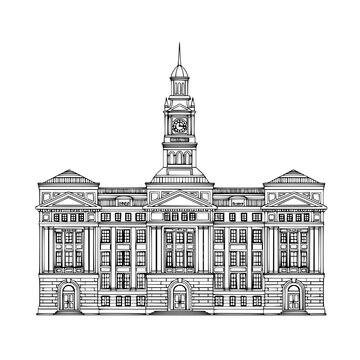 A large building with a clock tower on top Vector, illustration