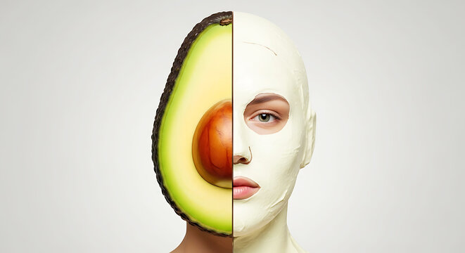 Split image creatively combines half an avocado with half a human face covered in a white mask