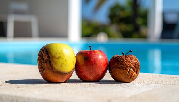 Three apples, in varied states of ripeness and decay, rest by a shimmering blue pool on a sunny day