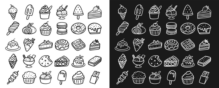 Cute hand drawn dessert doodle icon set in clean line art style. Includes cake, donut, cupcake, and more. Perfect for stickers, menu, cafe branding, and creative design projects