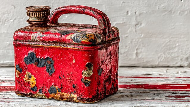 Rusty red vintage metal gas can stands on a weathered surface with peeling paint and heavy corrosion representing old industrial fuel storage today for power
