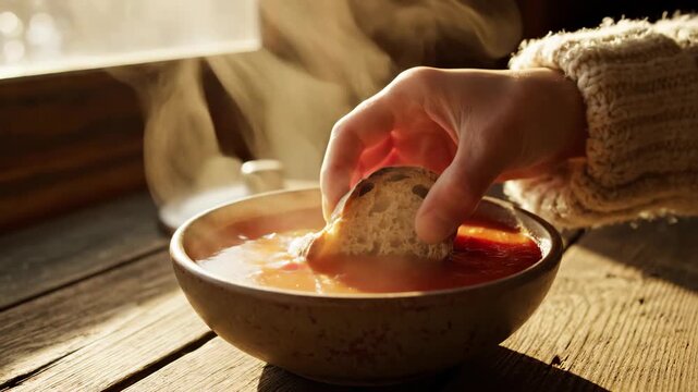 Steaming red soup and rustic bread dipped in golden sunlight.