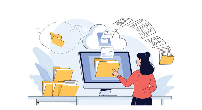 Woman organizing digital files by dragging document folders into cloud storage on a computer monitor in a modern office.