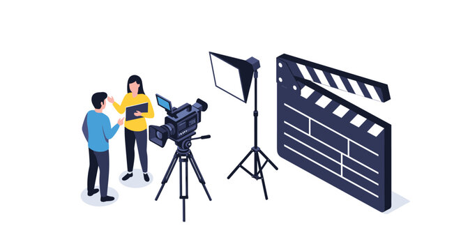 Film production crew with a movie camera and lighting equipment preparing a shoot with a clapperboard for video content.