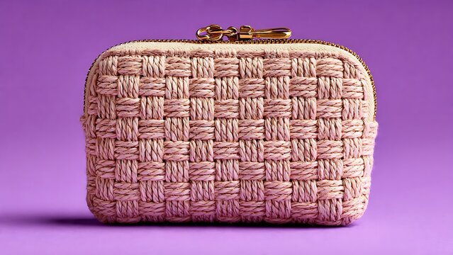 Woven cosmetic bag with a golden zipper stands on a vibrant purple background showcasing intricate raffia texture and modern fashion accessory design for women