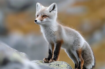 Fototapeta premium young fox standing on a mossy rock, alert and curious gaze, soft pale and orange fur, pointed ears and bushy tail against a muted rocky background