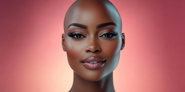 bald head and visible ears with face obscured by large blurred square on soft pink gradient background conveying anonymity and mystery