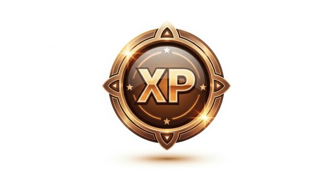 A shiny gold XP badge with a brown and white background