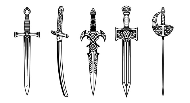 Collection of medieval swords and daggers.