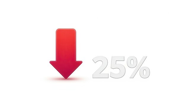 Vibrant red arrow symbolizing a significant 25 percent reduction or market decline