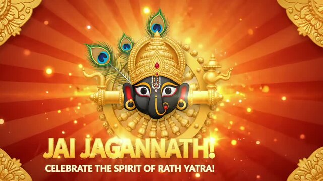 Jagannath rath yatra hindu festival india greeting banner spiritual god face golden glow celebration poster design festive background