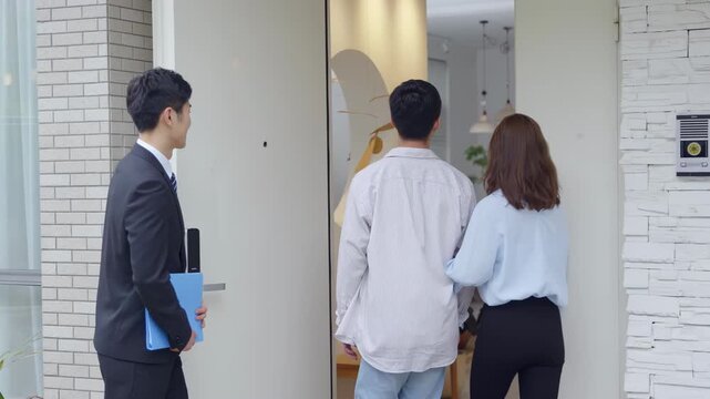 Welcoming new homeowners, salesperson real estate realtor guides a clients couple through a new home, showing them to the property prior to purchase or rent, tell about facilities, location benefit
