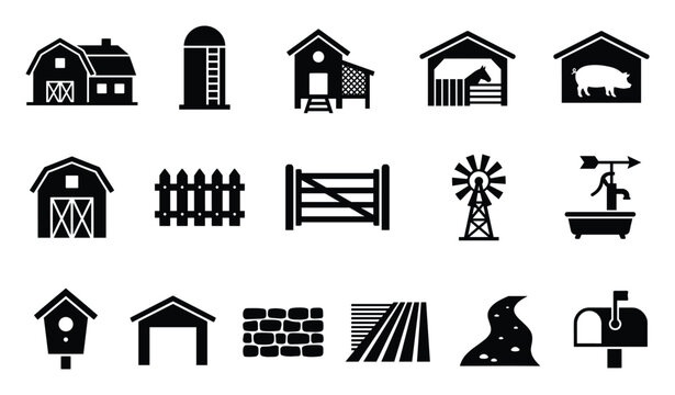 A comprehensive set of farm and rural life icons showcasing various agricultural structures animals equipment and land features perfect for country themed web graphics and print materials