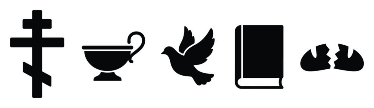 Christian religious symbols set with an Orthodox cross, communion chalice, Holy Spirit dove, sacred book, and broken bread representing core Christian faith for spiritual and educational