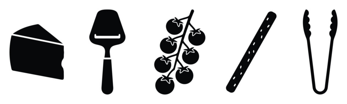 Assorted culinary symbols including a cheese wedge, a cheese slicer, cherry tomatoes on a vine, a crispy breadstick, and versatile kitchen tongs, excellent for menu design and food industry