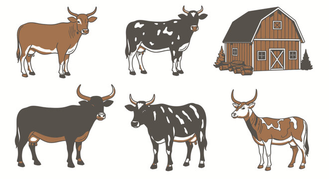Cows and Barn Farm Animals Illustration.