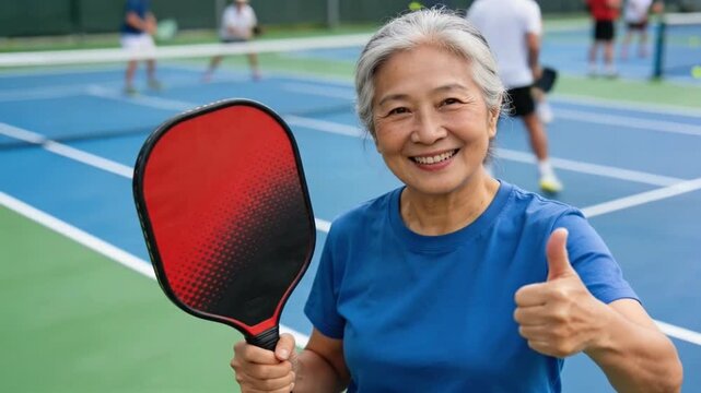 Joyful Senior Woman Playing Pickleball, Giving Thumbs Up on Court