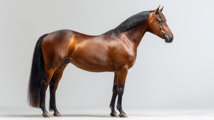 Obraz premium Majestic brown horse standing gracefully against a soft gray background, showcasing its strong physique and sleek coat in a calm and serene environment