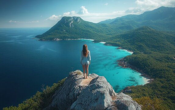 Woman standing barefoot on a rocky cliff overlooking a turquoise bay, lush green mountains and winding coastline under a clear sky, evoking awe and freedom