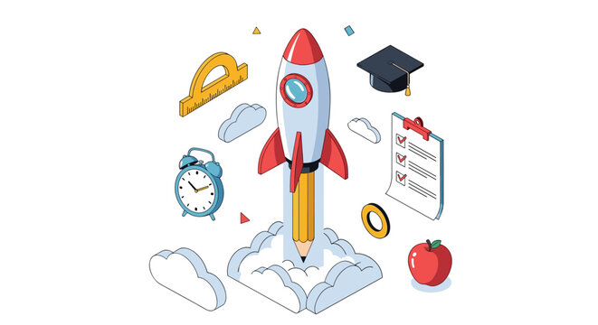 Educational success tools including a rocket, pencil, ruler, and alarm clock are displayed in this colorful isometric illustration.