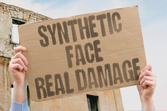 "Synthetic Face Real Damage" AI-generated replicas of real people cause genuine reputational and psychological harm to individuals. DEEPFAKE. AI. FAKE. HARM. IDENTITY.