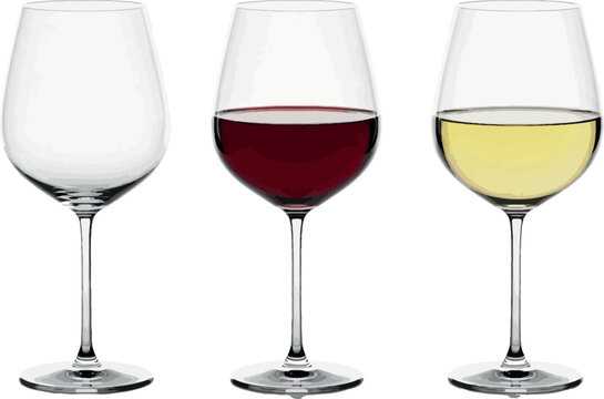 Set of Wine Glasses with Empty, Red, and White Wine for Bar, Restaurant, and Beverage Design Projects