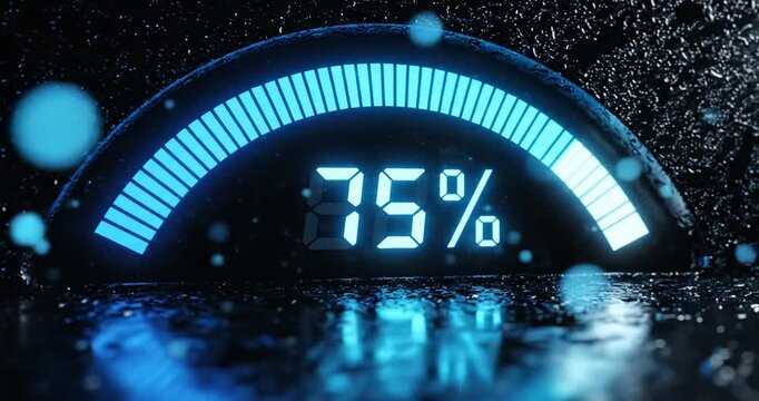 Digital gauge displaying 75% humidity level with a wet surface, emphasizing moisture control