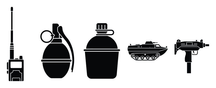 Vector silhouettes of military tactical gear including a walkietalkie, hand grenade, water canteen, armored vehicle, and submachine gun, ideal for security and defenserelated projects