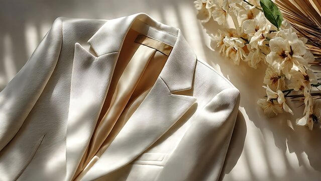 White luxury blazer with elegant textured fabric and silk lining rests on a bright surface with natural sunlight shadows and flowers for sophisticated fashion concepts