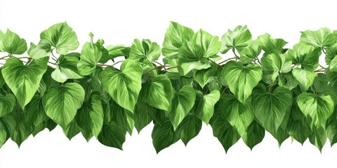 Fototapeta premium Lush green heart shaped leaves cascading down from vines against a white background