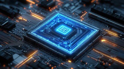 Obraz premium glowing blue microchip mounted on a dark circuit board with orange indicator lights, evoking futuristic power, precision, and high-tech energy