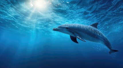 Fototapeta premium Continuous Learning dolphin swimming in sunlit ocean waters symbolizing growth and expanding horizons in career development