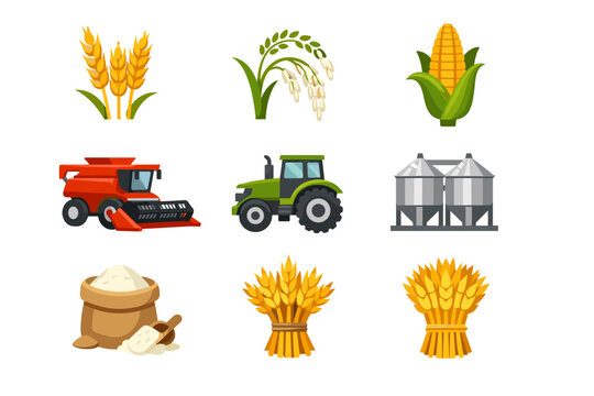 Agricultural Crop Icons Set Featuring Wheat, Rice, Corn, Red Combine Harvester, Green Tractor, Metal Grain Silos, Flour Sack with Scoop, and Golden Wheat Sheaves in a Flat Vector Design Style