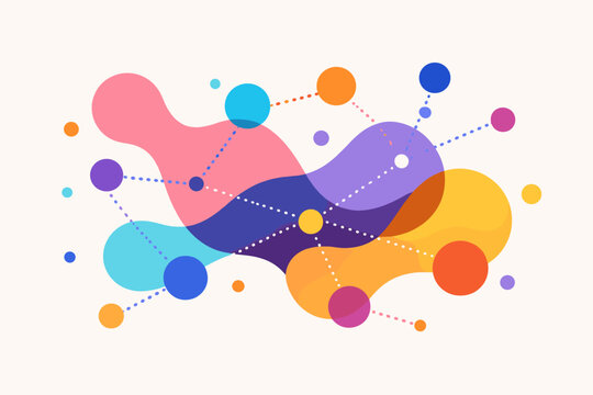 Abstract Colorful Fluid Shapes and Dots Form a Dynamic Composition Representing Connection and Communication. Modern Vector Illustration of a Digital Network, Data Visualization, and Synergy.