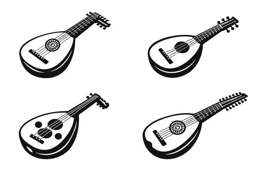Set of four black and white vector illustrations featuring historical stringed instruments like lutes, mandolins, and ouds. Simple flat graphic icons for music, history, and cultural projects.