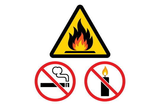 Highly Flammable Warning Sign with No Smoking and No Naked Light Prohibition Symbols. Vector Illustration of Safety Hazard Icons Isolated on White Background for Industrial and Workplace Use.