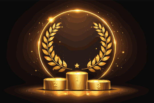 Luxury golden award podium with laurel wreath and glowing circular frame on dark background. Elegant template for winners, sports competition, business achievement, and ceremony celebration.